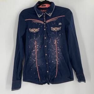 Roar Blue Pink Western Embellished Rhinestone Cowgirl Cross Medium Rodeo Shirt